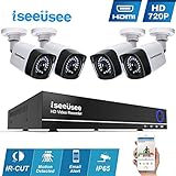 Iseeusee 4-Channel 1080N Video Security DVR Surveillance Camera Kit, 4x1280TVL 720P Indoor Outdoor Weatherproof Bullet Cameras 65 Feet Night Vision Support Smartphone Remote Access(NO HDD)