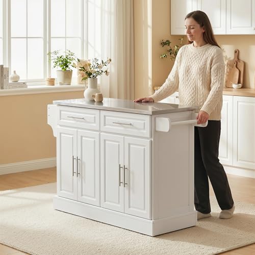 HOMCOM Kitchen Island with 47" Stainless Steel Top, Rolling Kitchen Cart on Wheels with 2 Drawers, 2 Cabinets, Towel & Knife & Spice Rack, White