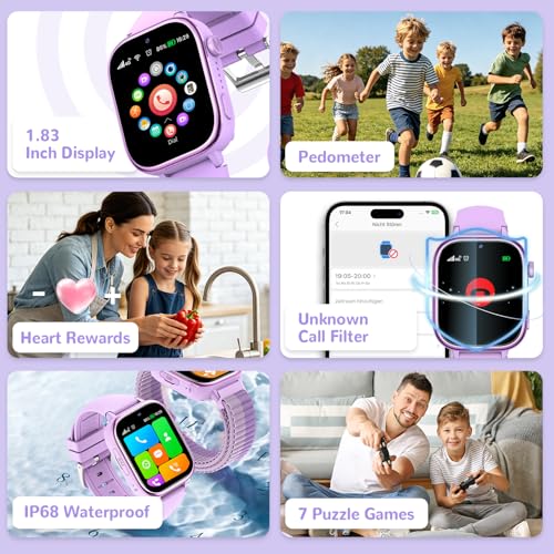 4G Smart Watch Children with GPS and Video Calling, Smartwatch Children with Calls, Voice Chat, SOS, School Mode, IP68 Waterproof, Pedometer, Alarm Clock, Camera, Gift Girls and Boys 4-15 Purple