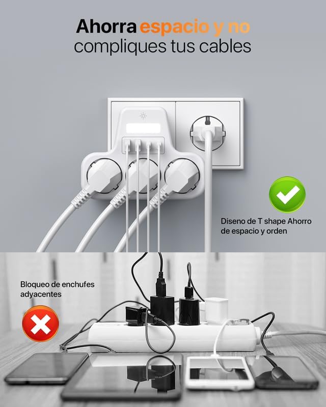 7 en 1 Regletas Enchufes 2 USB, Ladron Enchufes Plano con 2 USB C, 3 Tomas Ladrón Enchufes Multiples con LED, Triple Cargador Multiple 3680W, Regleta Pared para Oficina, Blanco — foto 8 de 8