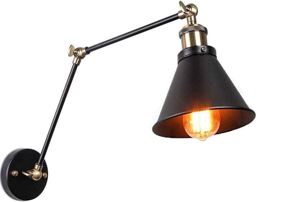 Vintage Wall Light Swing Arm, JIGUOOR Industrial Antique 240° Adjustable Long Swing Arm Wall Light, Black Retro Rustic E27 Wall Sconce for Restaurant Living Room Bedroom Bedroom Loft (No Bulb)