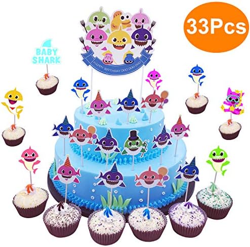 Shark Cupcake Toppers(32pieces)+Shark Cake Topper(1piec),Shark Theme Party Supplies- Shark Family Baby Shower Birthday Party Decorations (Cupcake Toppers1)