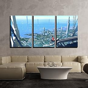 3 Piece Canvas Wall Art - Aerial View with The Man Sitting on Edge of Building Looking at Futuristic City - Modern Home Art Stretched and Framed Ready to Hang - 16"x24"x3 Panels