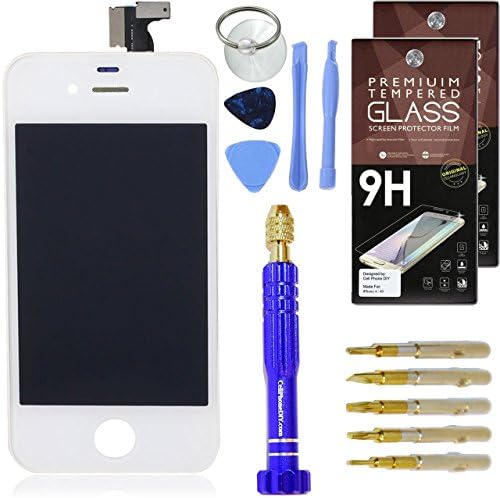 Cell Phone DIY White iPhone 4S LCD Screen Replacement &amp; Accessory Kit - Full Assembly Front Screen [Set of 2] Screen Protectors - Professional Tool Kit