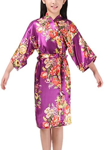 Mobarta Girls' Floral Satin Kimono Robe Flower Girl Bathrobe Getting Ready Robe for Wedding Spa Party Birthday Gift