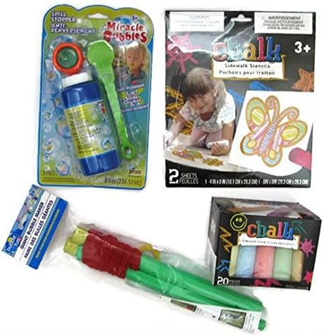 Kids Summer Outdoor Activity Set Bundle (4 items) 20-Piece Sidewalk Chalk, Chalk Stencils, 3-Piece Miracle Bubbles and Giant Bubble Maker