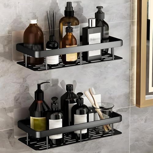 Shower Caddy Shelf 2 Pack - Thickened Upgraded Version, Adhesive Black Bathroom Rack - No Drilling Wall Mounted, Rustproof Organizer for Bathroom, Toilet, Kitchen