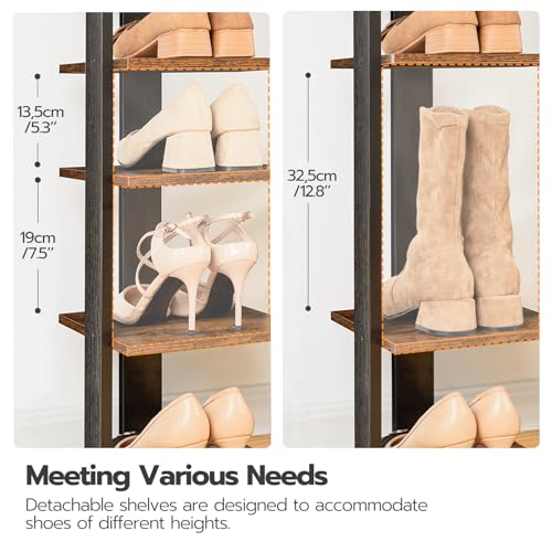 HOOBRO Vertical Shoe Racks for Entryway, 7 Tier Narrow Shoe Shelf with Hooks, Tall Shoe Organizer for Hallway, Bedroom, Stackable Shoe Stand for Samll Space, Adjustable Height, Rustic Brown EBF61XJ01