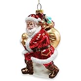 Holly Jolly Santa Claus with Gift Bag and Toys Blown Glass Christmas Ornament