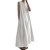 CHARTOU Women Casual Cotton Linen Sleeveless Maxi Dress Ruffle Shift Dress Flowy Beach Summer Long Tank Dress