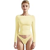 SUUKSESS Women Crew Neck Long Sleeve T Shirts Double Lined Tight Fitted Crop Top