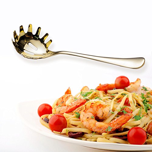 2 Piece Spaghetti Pasta Fork Noodle Serving Spoon Drains Serves Set 9.8-inch Stainless Steel Kitchen Tool Dishwasher Safe (Gold)