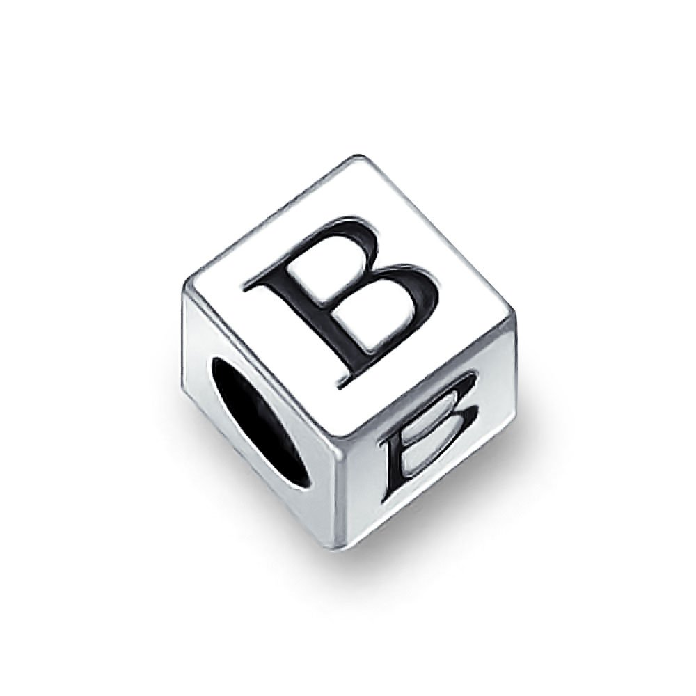 Bling Jewelry Block Letter B Alphabet Initial Charm Bead For Women For Teen .925 Sterling Silver For European Bracelet