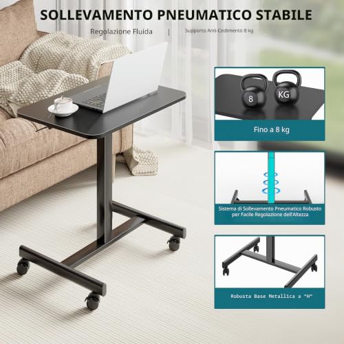 BONTEC Desk Adjustable Height with 4 Wheels, 65 x 48 cm | Space saving and portable design for PC, use as a folding bed table, ideal for home, office and work