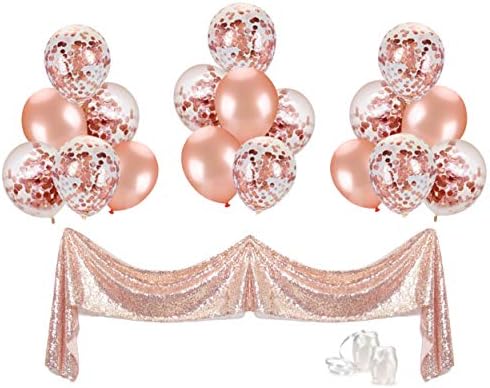 Monteberre Rose Gold Party Decorations - Sequin Table Runner, Confetti and Latex Balloons, White Curling Ribbon - Includes Air Valves for Longer Float