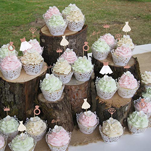 Bride to be Cake Topper Diamond Ring Wedding Dress Cupcake Toppers for Bridal Shower Decorations, Rose Gold Wedding Engagement Party Cake Decorations,37 Pcs
