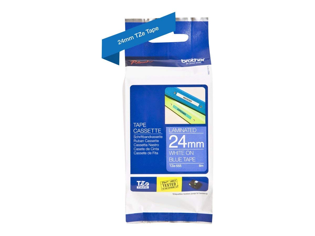 Brother TZe-555 Labelling Tape Cassette, 24 mm (W) x 8 m (L), Laminated, Brother Genuine Supplies - White on Blue