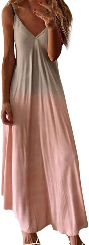 Handyulong Womens Dresses Casual Summer Sundress Sleeveless V-Neck Gradient Color Loose Maxi Long Dress Tunic Tank Dress
