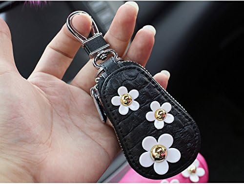 Follicomfy Cute Daisy Flower Car Key Cover Case Holder Genuine Leather Keychain Zipper Bag Shell for Remote Key Fob - Black