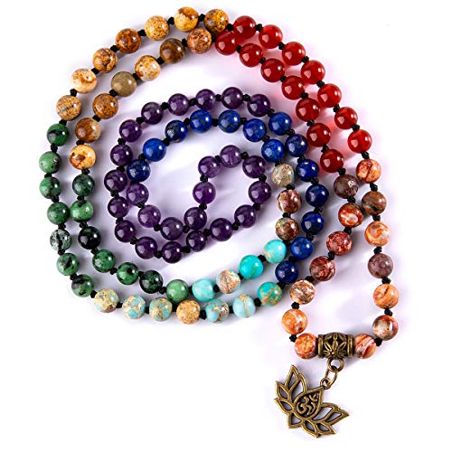 Bivei 7 Chakra 108 Mala Beads Bracelet Real Healing Gemstone Yoga Meditation Hand Knotted Mala Prayer Bead Necklace(Lotus OM) - Thumbnail 7
