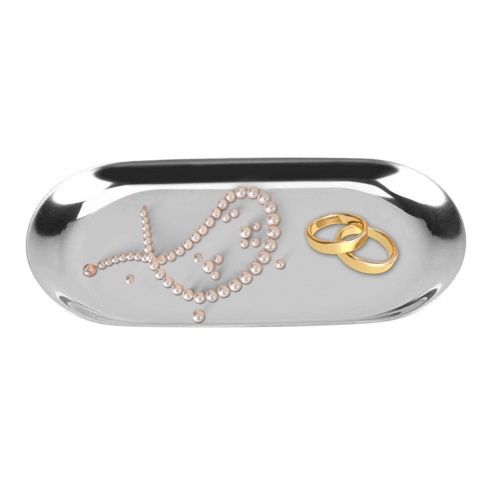 Stainless Steel Storage Tray, Nordic Style Oval Towel Tray Cosmetics Jewelry Organizer Fruit Cake Plate Silver Snack Tea Key Tray Candle Plates, 9.1x3.7inch