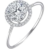 FAIRY COUPLE Dainty Halo Engagement Ring, 8MM Round Simulated Diamond (2ct Look), 18K White Gold Plated Micro-Pavé Thin Band, Floating Halo Promise Ring with Gift Box R196