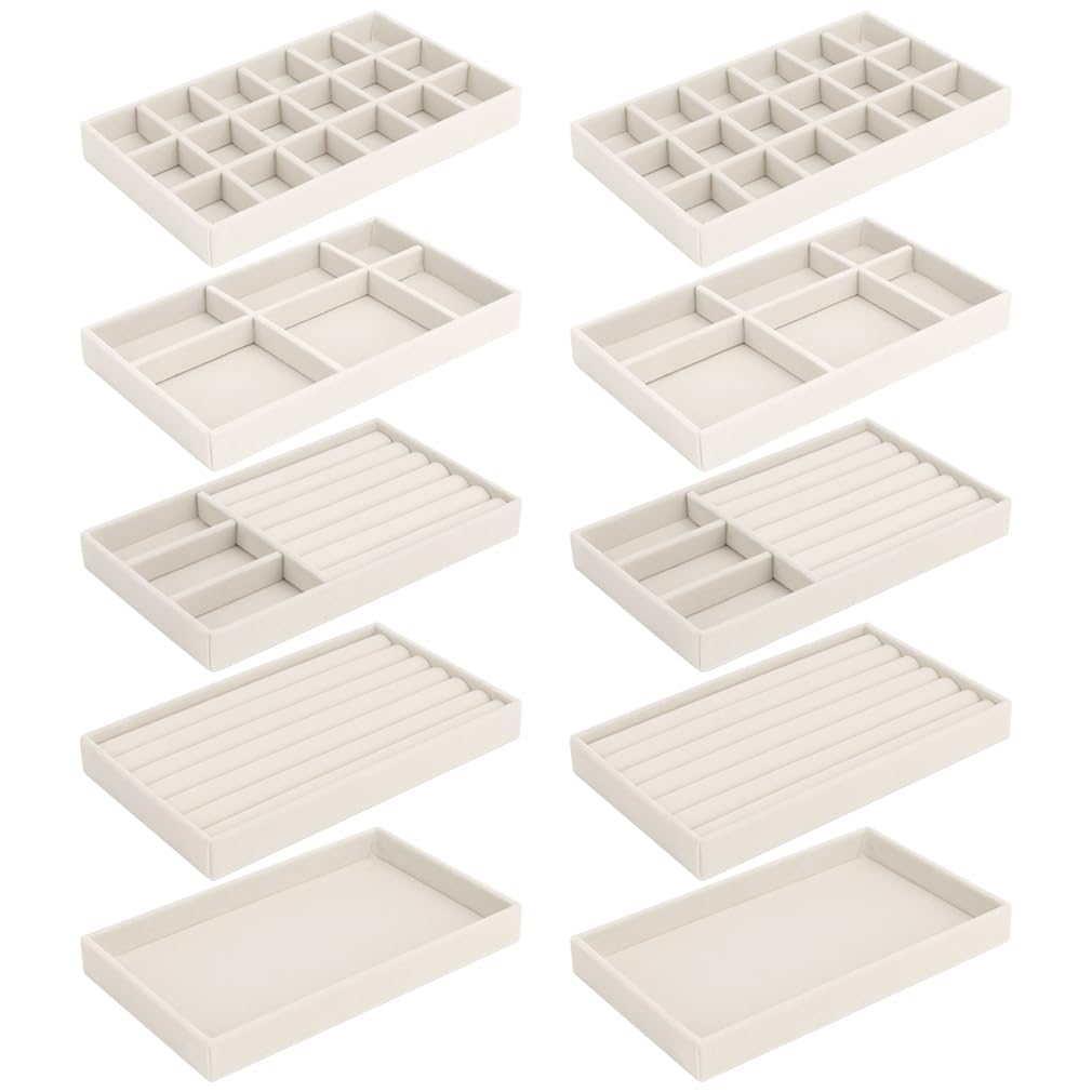 Photo 1 of 10 Pack Jewelry Organizer Tray Drawer Inserts Stackable Velvet Liner Dividers Customizable Jewellery Box Foam Ring Earring Holder Necklace Bracelet Storage Display Dish Flat in Dresser Vanity