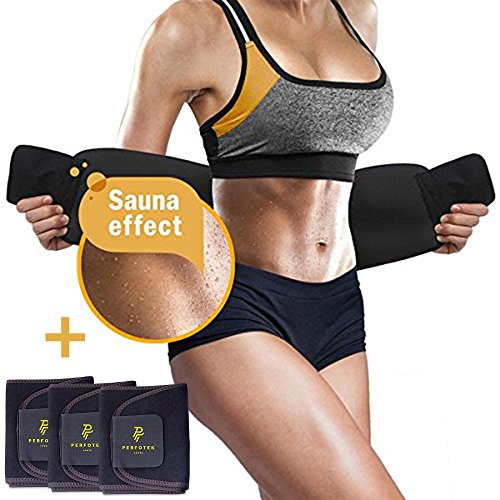 4 Pack Perfotek Waist Trimmer Belt, Weight Loss Wrap, Stomach Fat Burner, Low Back and Lumbar Support with Sauna Suit Effect, Best Abdominal Trainer