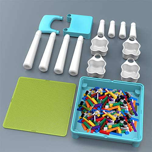 burgkidz Kids 5-in-1 Multi Activity Table Set - 500 Pieces Building Blocks Compatible Bricks Toy, Play Table Includes 1 Chair and Building Block Table with Storage, Green Baseplate Board/Blue Color - Thumbnail 5