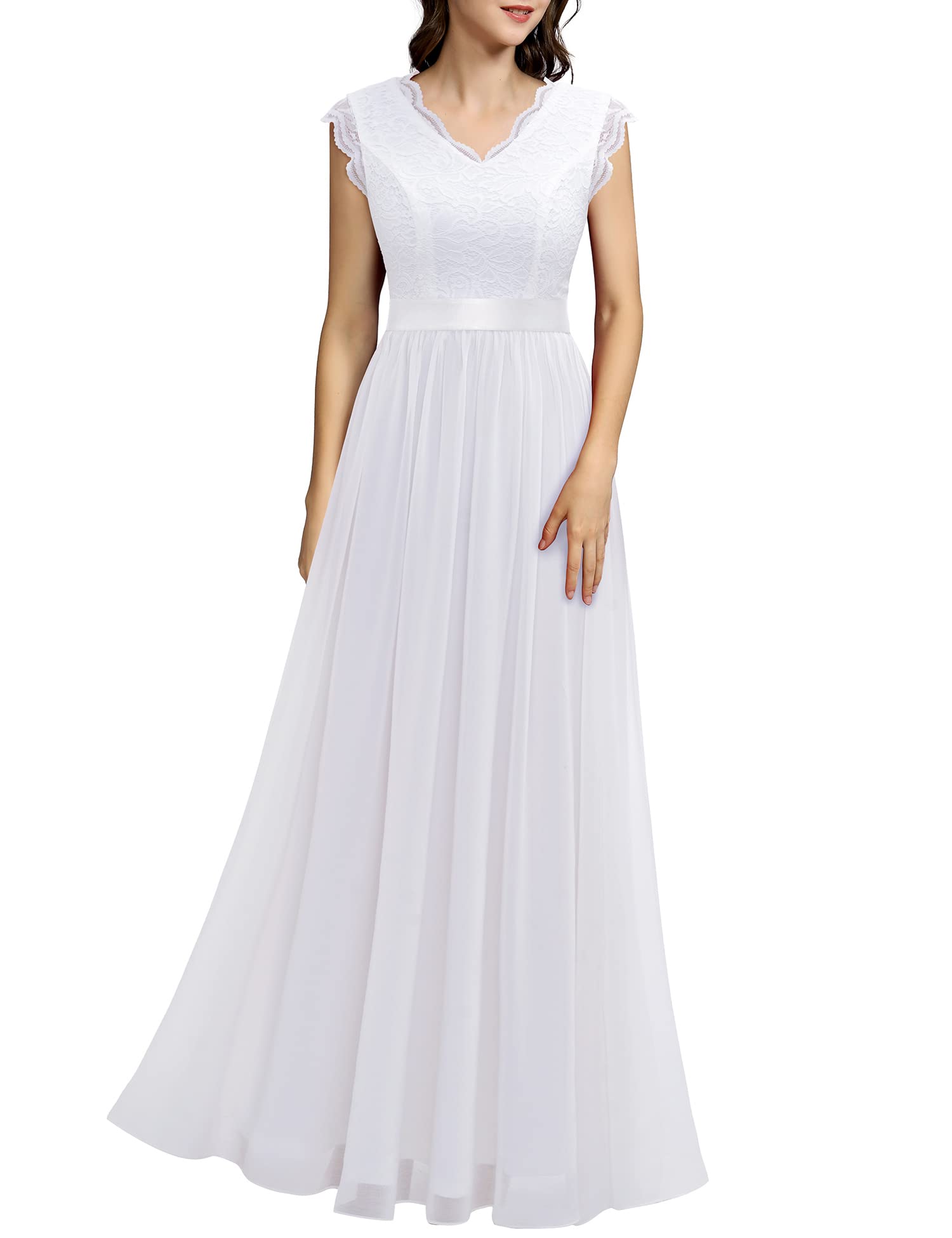 Photo 1 of Dressystar Women's V Neck Sleeveless Lace Bridesmaid Dress Wedding Guest Dress Formal Party Gown 0050BD White L