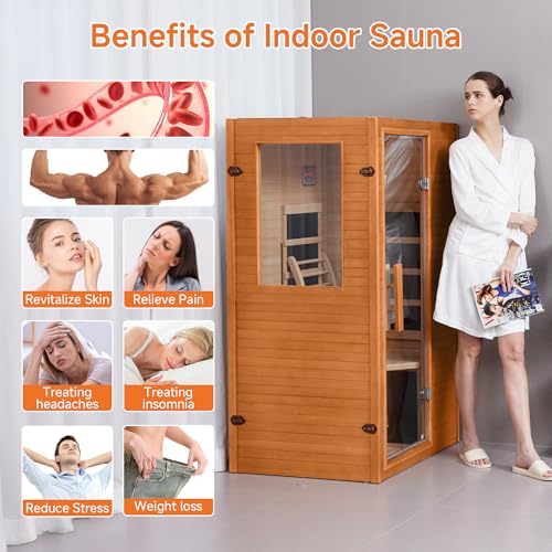 Real Relax 1 Person Infrared Sauna, Indoor Far Infrared Saunas for Home, Canadian Hemlock Wood Sauna with 950W/120v, 6 pcs Mica Heating Plates, Spa Room 33 * 27.3 * 59 Inch