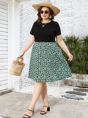 YOUNRUI WOMEN’S PLUS SIZE CASUAL SPRING DRESSES WITH POCKETS SHORT SLEEVE CREWNECK WOVEN&KNIT PATCHWORK FLORAL DRESS(2XL-1011-GN FLORAL)