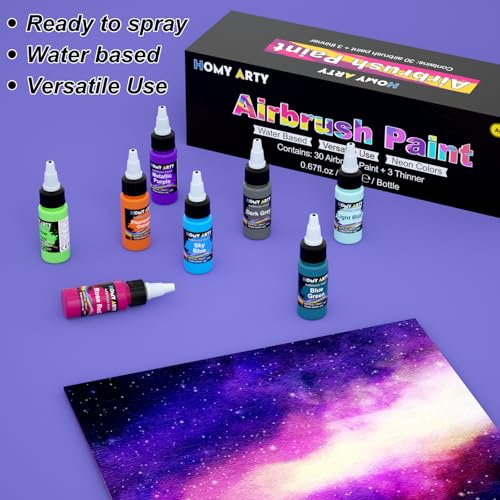 HOMY ARTY Airbrush Paint, 30 Colors Acrylic with 3 Airbrush Thinners, Water-Based, Airbrush Paint for Metal, Plastic Models, Canvas