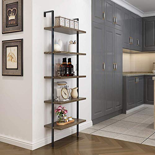 SUPERJARE Industrial Ladder Shelf, 5Tier Wood WallMounted Bookcase