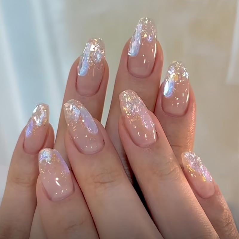 24Pcs Luxury Rhinestone Press on Nails Bling Coffin Fake Nails with Rhinestones Design Artificial Acrylic Nails Gradient False Nails Bling Glitter Glue on Nails Aurora Stick on Nails for Women Girls