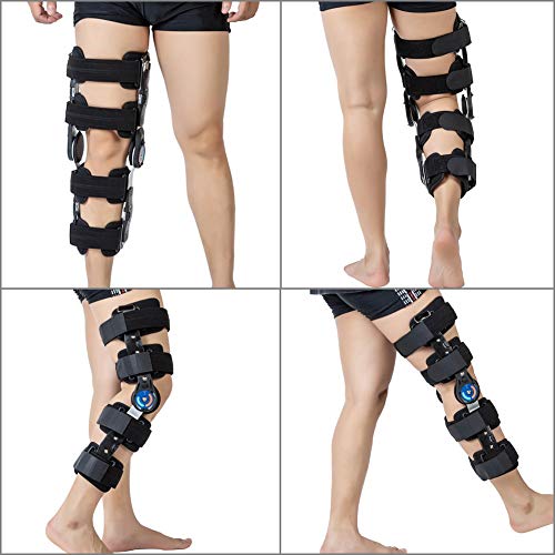 Hinged ROM Knee Brace with Strap, Post OP Patella Injury Immobilizer Brace Medical Orthopedic Guard Protector - Adjustable Full Leg Stabilizer Knee Orthosis Splint