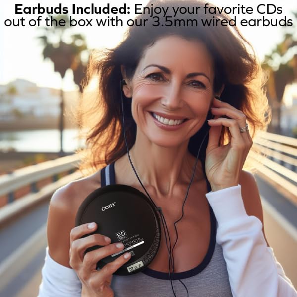 Coby CD Player Portable Bluetooth CD Player for Car, Headphones, FM, AUX, MP3 Anti-Skip CD Player for Home, Compact Discman, Rechargeable, Lightweight