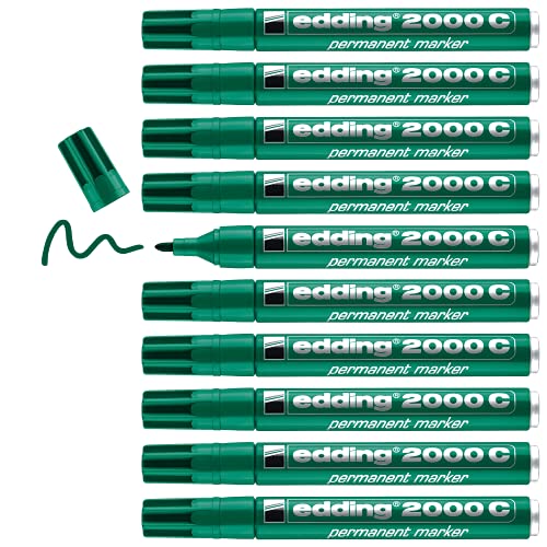 edding 2000 C permanent marker - green - box of 10 - round nib 1.5-3 mm - quick-drying permanent markers - waterproof, smudge-proof - for cardboard, plastic, wood, metal, fabric - marker pen
