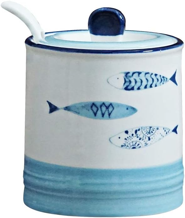 Sugar Bowl, Ceramic Sugar Bowl with Lid and Spoon for Home and Kitchen - Fish Design, White Blue