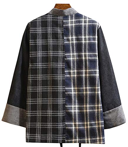 Hotmiss Mens Kimono Hipster Plaid Patchwork Linen Cloak Open Front Cardigan Jackets (Black Plaid, XX-Large)