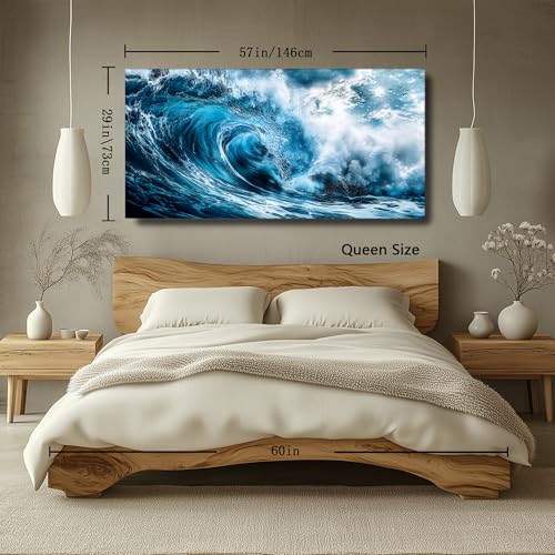hyidecorart Large Modern Living Room Decorations, 73 x 146 cm, XXL Decorative Canvas, Wall, Bedroom, Decorative Wall Sheets, Strong Waves, Blue Wall Art, Dining Room, Office, Hallway, Bathroom