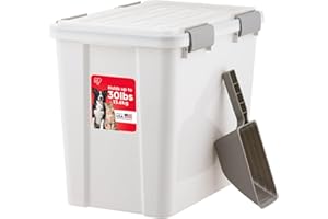 IRIS USA Stackable Dog Food Storage Container with 2 Cup Scoop, 4 Secure Latches, Fits up to 30 lbs, Pet Dry Food Bin, Gasket Seal Lid, BPA Free, Stackable, Easy Measure, White