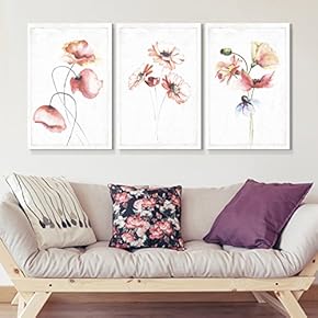 3 Panel Canvas Wall Art - Drawn Watercolor Poppys Wildflowers Artwork - Giclee Print Gallery Wrap Modern Home Art Ready to Hang - 16"x24" x 3 Panels