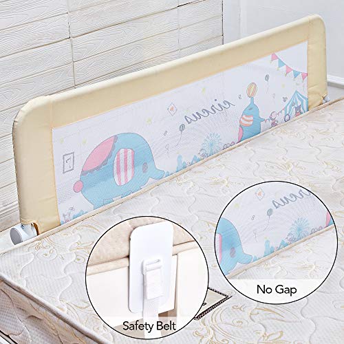 KOOLDOO 59 inch Foldable Baby Bed Rail Guard Extra Long Safety Toddler Bedrail with Reinforced Anchor Safety System - Animal Park Theme (Beige Color)