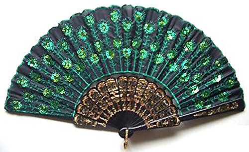 Womens Beautiful Silk Hand Fan (Green Sequins)