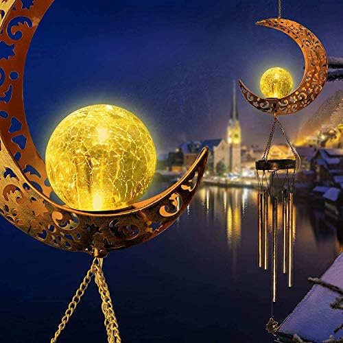 Achortソーラーライト 屋外 風鈴 防水 月デザイン 金属製 風水 パワー 玄関チャイム ドアベル 屋内 屋外 ヨガ 涼しい 金属 木 飾り物 記念日 誕生日プレゼント 壁 園芸 店 ウィンドチャイム 光センサー 夜間自動点灯 太陽光発電 暖色系 常夜灯 おしゃれ 和風 間接照明