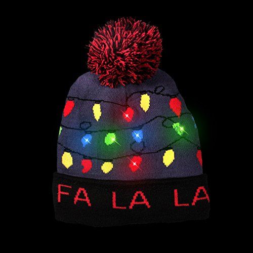LED Light-up Knitted Ugly Sweater Holiday Xmas Christmas Beanie - 3 Flashing Modes (FA La La Beanie) Multicolored - Image 3
