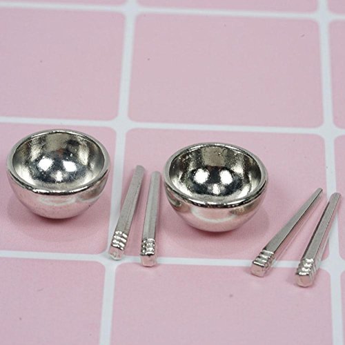 Zeroyoyo 1:12 Miniature Food Play House Mini Bowls and Chopsticks Dollhouse Kitchen Decoration Accessories Silvery - Thumbnail 2