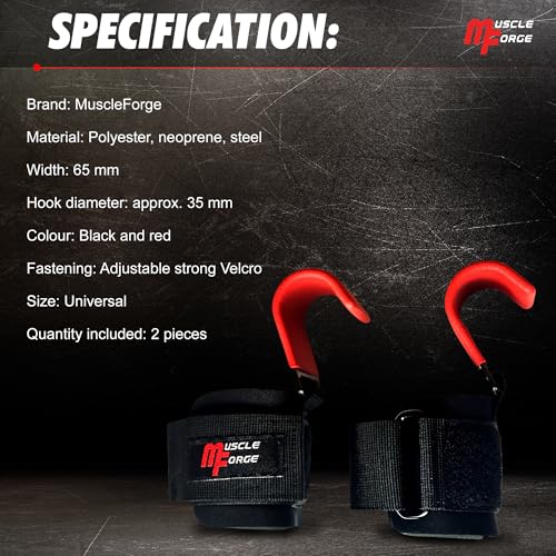MuscleForge Weight Lifting Hooks for Men & Women, Heavy Duty Steel Grip Hooks with Neoprene Wrist Support, Up to 250kg, for Deadlifts, Pull Ups, Rows & Shrugs, Adjustable Universal Fit