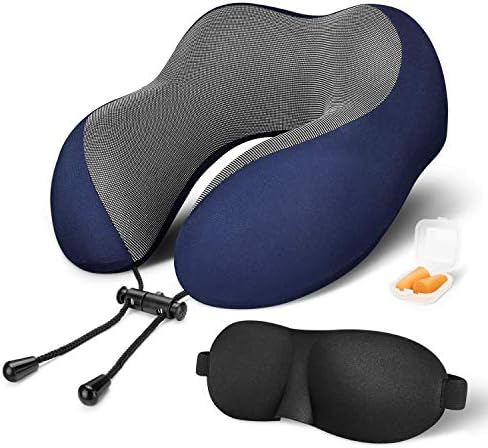 Travel Pillow 100% Memory Foam Neck Pillow for Airplanes, Comfortable Neck Support Pillow with Machine Washable Cover, Airplane Travel Kit with 3D Contoured Eye Masks, Earplugs and Reusable Bag (Blue)